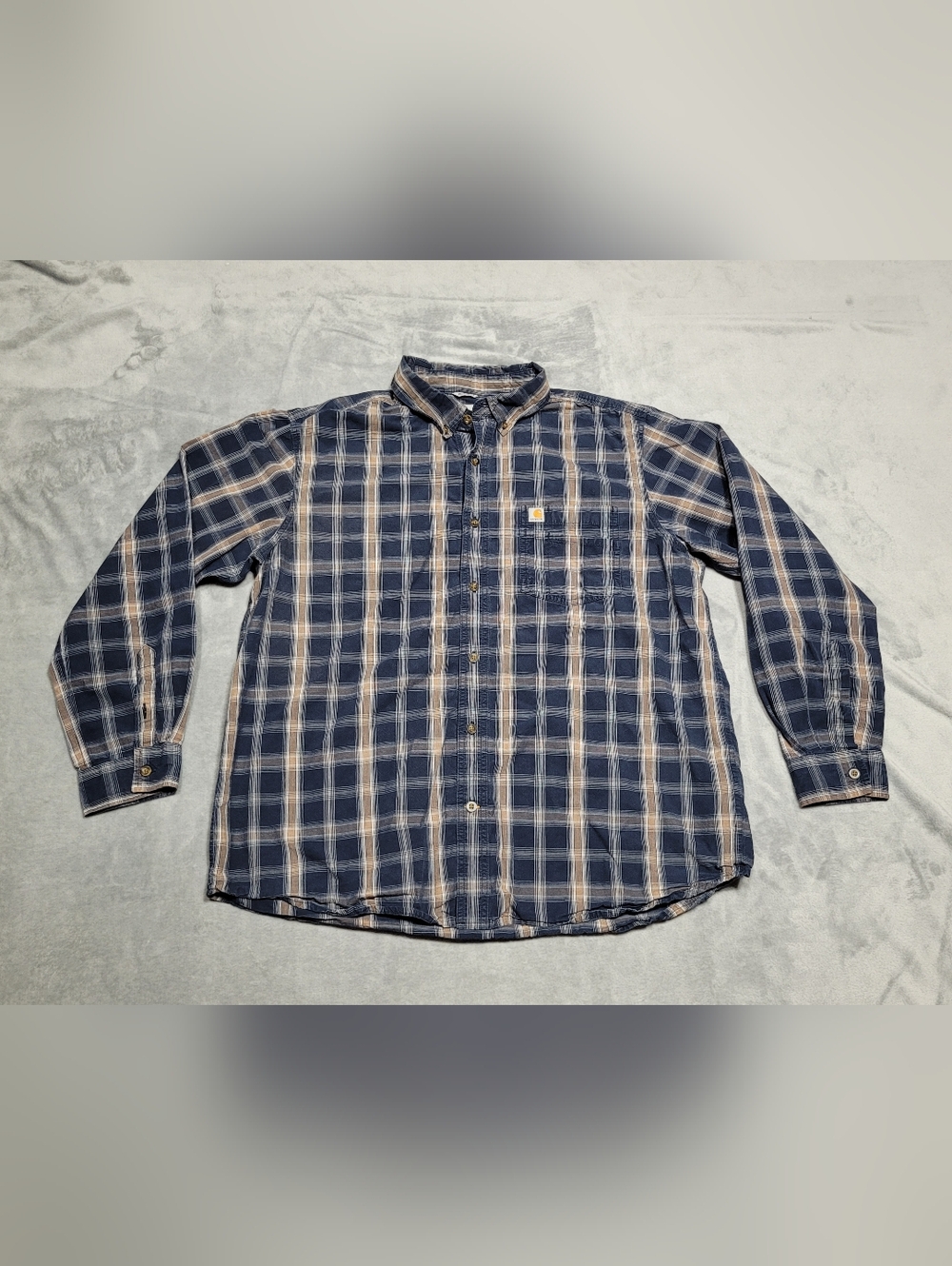 Carhartt Relaxed Fit LS Western Work Shirt Navy Tan Plaid Mens XL